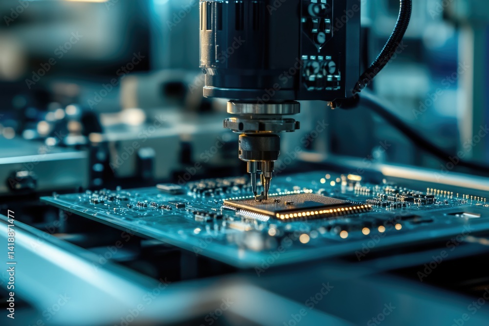 Poster automated robotic arm precisely placing a microchip onto a circuit board during manufacturing.