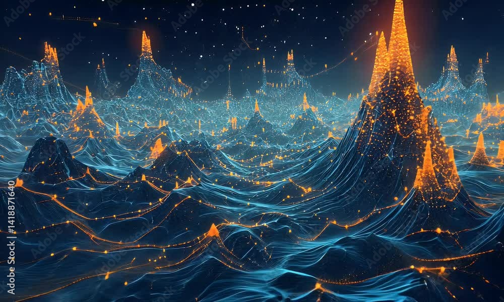 Poster a futuristic landscape made of glowing data points and lines, representing the flow of information i