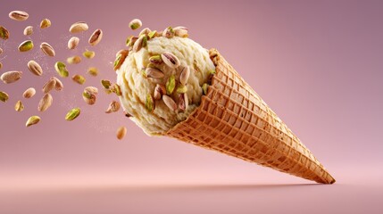 Pistachio ice cream cone, soft cream,japanese dessertai,3d,Realistic sweet ice cream summer dessert,for menu and banner,copy space,selective focus.