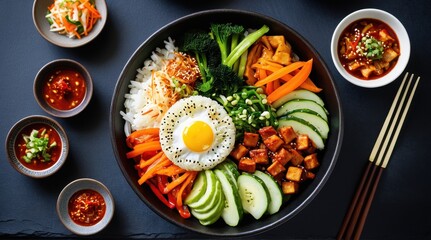 Bowl of colorful Korean bibimbap with fried egg, tofu, avocado, carrots, and various vegetables, served with kimchi and sauce on a wooden table