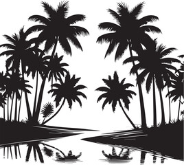 Tropical Palm Tree Silhouettes on Beach Horizon vector illustration