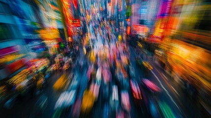 City street, night, motion blur, crowd, vibrant lights, urban energy, travel photography