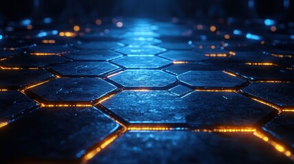 Futuristic hexagonal grid with neon blue glow digital technology background cyberpunk style symmetrical high contrast lighting