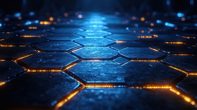 Futuristic hexagonal grid with neon blue glow digital technology background cyberpunk style symmetrical high contrast lighting - Powered by Adobe