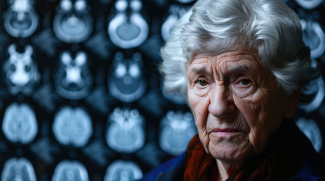 Elderly woman with concerned expression symbolizing dementia risk and memory loss, brain scan in background representing cognitive decline and aging health issues.