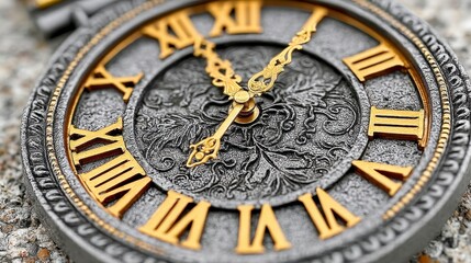 Obraz premium Antique Clock Face Detail Gray Metal Roman Numerals Gold Accents