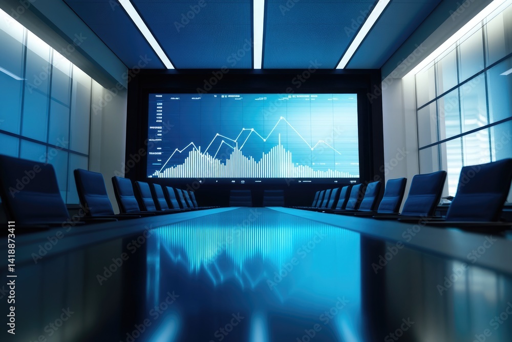 Poster financial data displayed on a large screen in a modern conference room, showing charts and graphs.