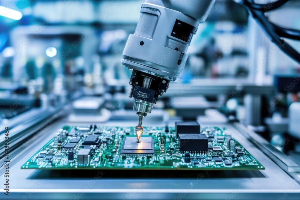 Aufkleber automated robotic arm precisely soldering a microchip onto a circuit board in a modern factory.