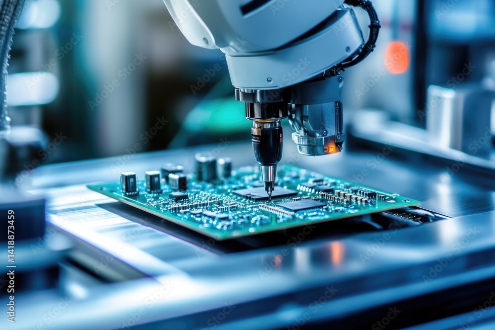 Poster automated robotic arm precisely placing components onto a circuit board during high-tech manufacturi