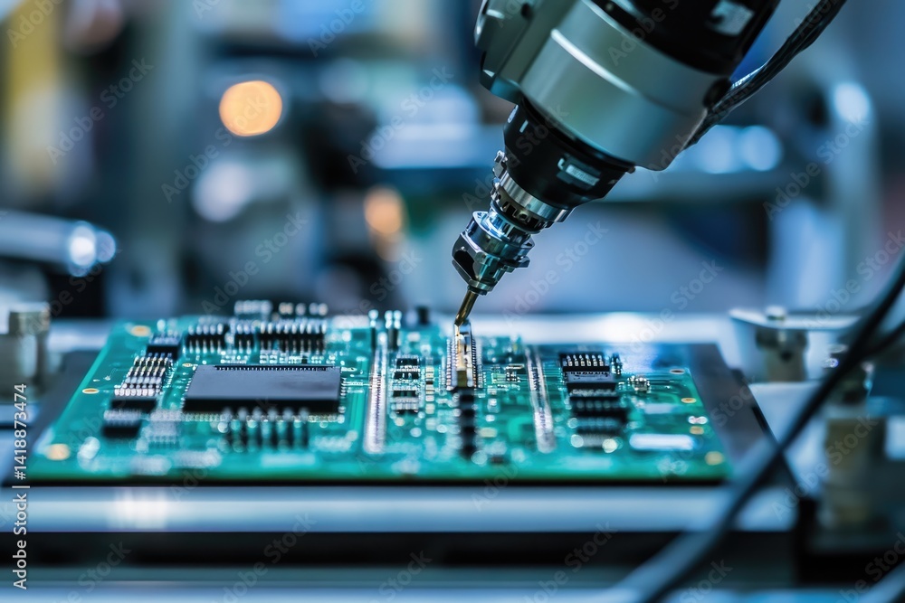 Poster automated robotic arm precisely placing a component onto a circuit board during manufacturing.