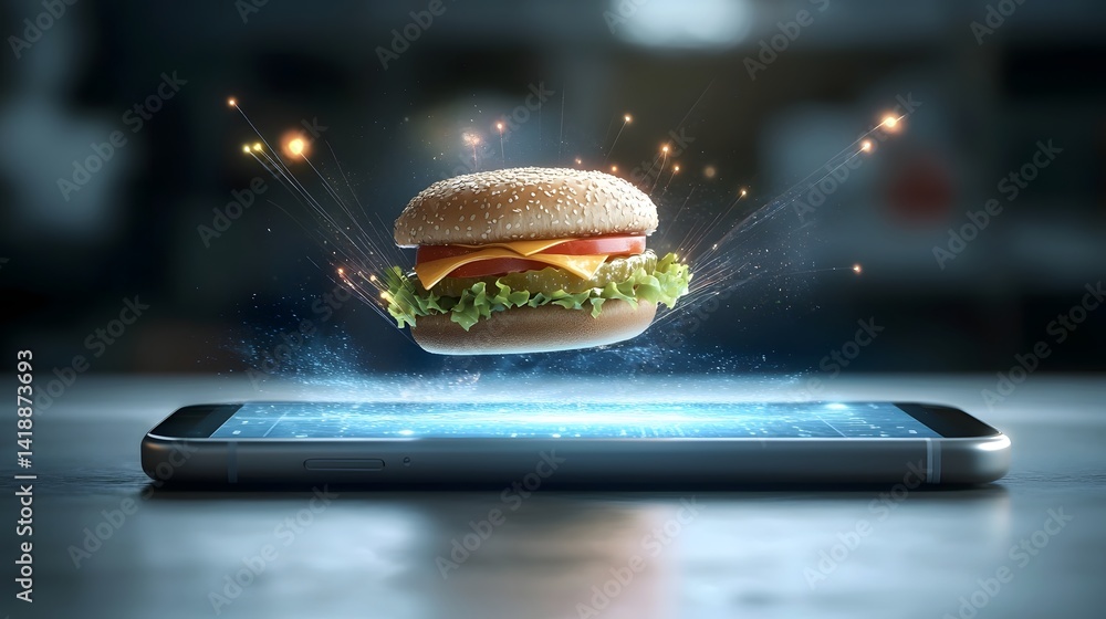Aufkleber surreal digital composition featuring a cheeseburger levitating out of a smartphone screen surrounde