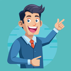 Happy man pointing into a blank copy space spot with two hands