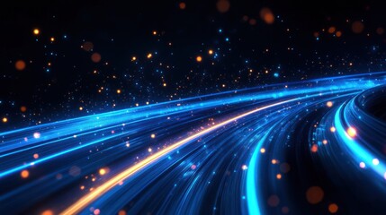 Obraz premium Abstract futuristic blue neon light trails with dynamic energy flow on dark cyber background