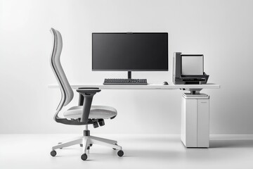 Modern minimalist home office setup with a white desk, ergonomic chair, computer, and printer.
