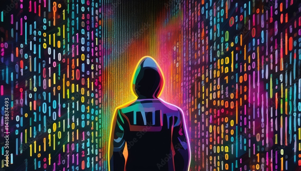 Poster binary code, colored numbers on black background