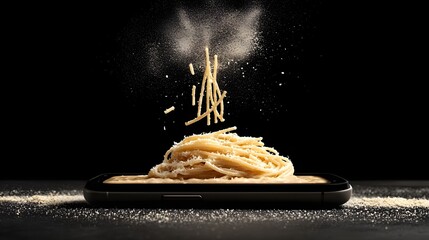 Creamy and delectable pasta dish with parmesan cheese dynamically twirling and swirling out of a smartphone screen showcasing the convergence of digital and culinary experiences
