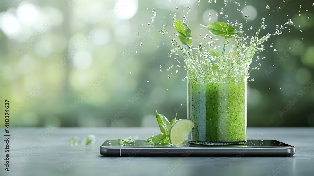 Poster vibrant green detox juice bursting forth from a sleek smartphone device creating a dynamic splash ef