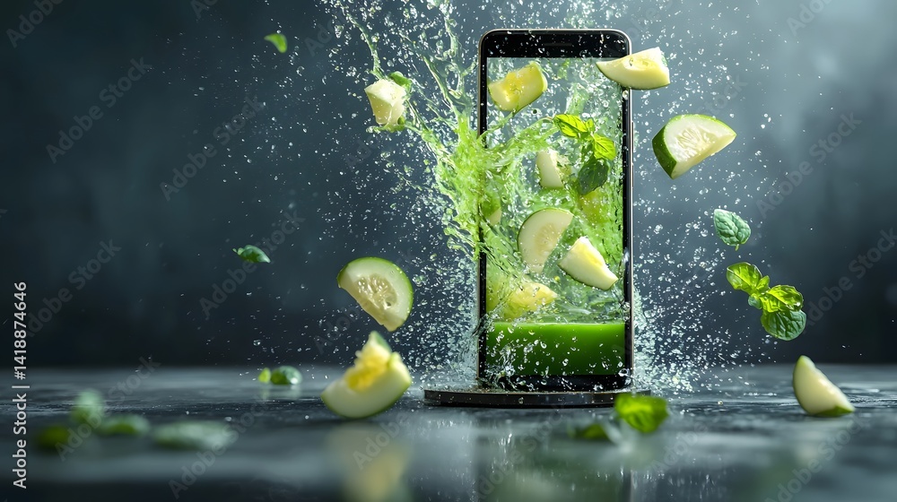 Poster a dynamic and futuristic digital showcasing a refreshing green detox juice emerging from a glowing s
