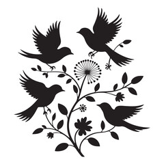 Elegant Vector Black silhouettes Bird and Floral Design. with white background