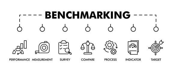 Benchmarking banner web icon vector illustration concept for the idea of business development and improvement with an icon of performance, process, survey, measurement, compare, target, and indicator