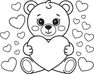 Cartoon bear holds a heart. Surrounded by hearts, the black and white drawing could be used as a coloring page.