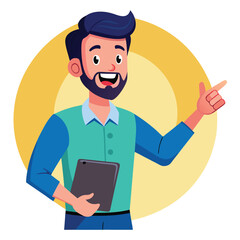 Happy man pointing into a blank copy space spot with two hands