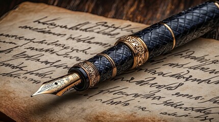 Ornate fountain pen resting on aged handwritten script.
