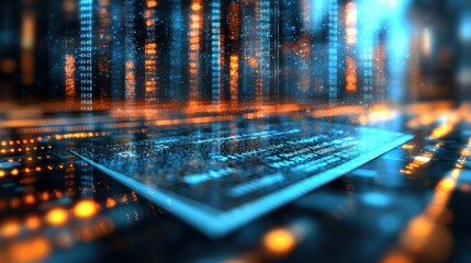 Futuristic digital interface with glowing code and data streams.  Complex technological system
