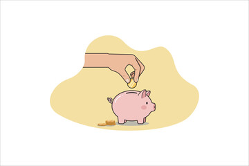 Piggy bank savings. Wealth and investment, retirement planning and insurance concept. Businessman hand putting golden coin into piggy bank. Saving dollar coins in moneybox cartoon vector illustration.