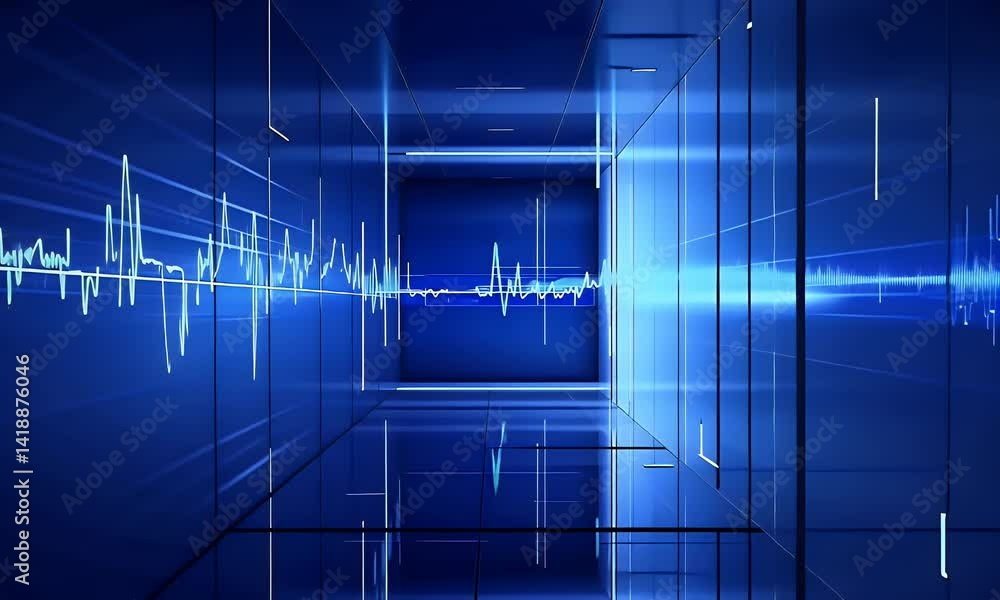 Poster a stock market graph on a blue background with white lines and light rays, a simple design with simp