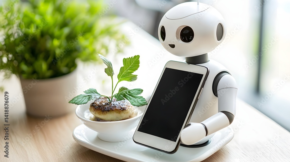 Poster a robotic waiter using advanced technology to present a smartphone displaying a levitating gourmet d