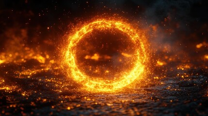 Fototapeta premium Golden glowing ring sparks bright celebration circle abstract digital art with fireworks and fantasy portal