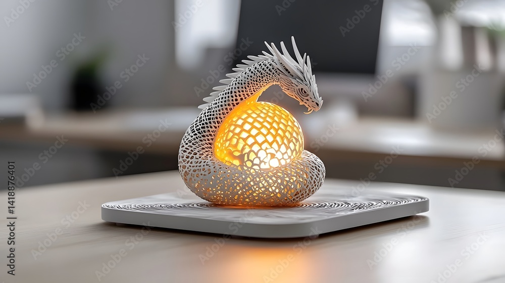 Poster mesmerizing digital artwork featuring a coiled dragon wrapping around a glowing orb with intricate p