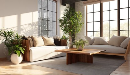 Sunlight Streams into Modern Living Room with Wooden Furniture and Lush Plants, Creating a Serene Atmosphere for Relaxation and Tranquility.