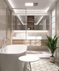 Modern luxury bathroom, beige wall, white freestanding bathtub, shower head, vanity counter with washbasin in sunlight for beauty, cosmetic, skincare, toiletries product background 3D