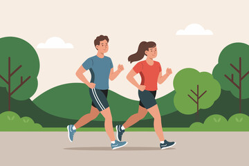 Couple jogging in park illustration for healthy lifestyle design.