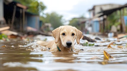 Heroic rescue dog swimming through flood debris carrying a vital safety rope to aid in disaster relief efforts