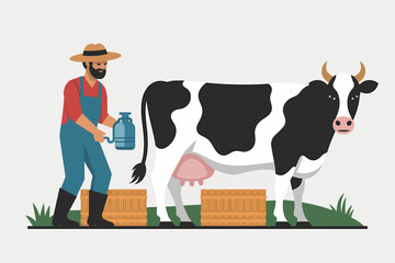 Dairy Farmer Milking Cow with Machine, Cartoon Illustration, Organic Farm