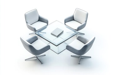 Fototapeta premium Modern minimalist office setup with four grey and white chairs around a glass table.