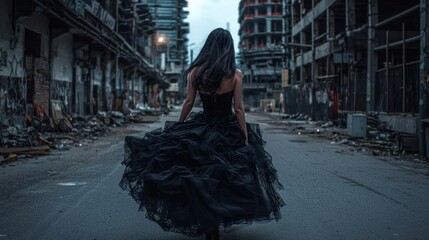 Naklejka premium Woman in black gown walks deserted ruined city street