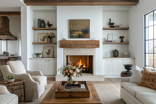 Modern farmhouse living room with a rustic fireplace.  Open concept design with warm tones and natural light