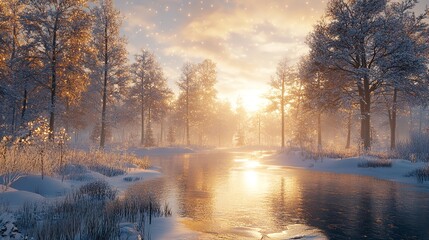 Naklejka premium Sun is setting behind trees in snow