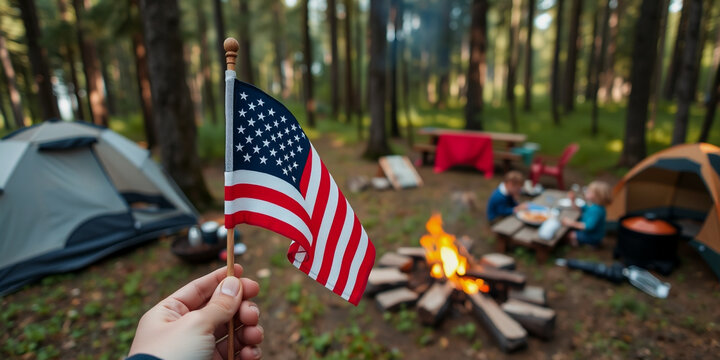 American Flag Held High at a Forest Campground