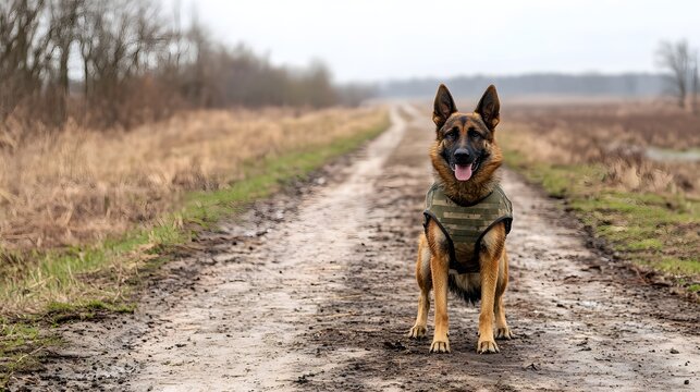 Camouflaged Military K9 Dog Prepared for Elite Mission Well trained canine asset in tactical vest ready for special forces field deployment search and rescue or detection tasks