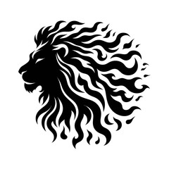 Obraz premium Black silhouette vector of a lion with a mane made of flames on white background