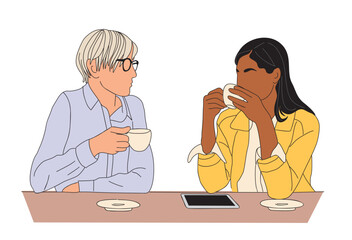 Fototapeta premium Two business women having casual meeting with coffee break. Colored outline drawing isolated on transparent background