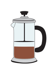 French press, glass coffee pot. Cafetiere, coffeemaker with piston. Kitchen device, frenchpress for making, brewing coffe drink, tea beverage. Flat vector illustration isolated, transparent background