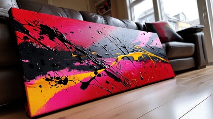Abstract art canvas, vibrant colors, living room display, artwork on wooden floor