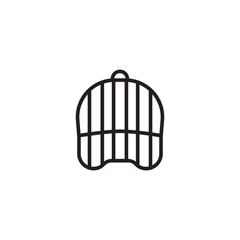 A simple line drawing of a birdcage with vertical bars and a curved top. It has a small loop at the apex for hanging.