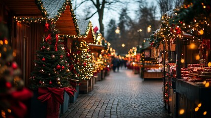 Fototapeta premium Holiday market, festive lights glowing on the cobbled walkway in winter evening